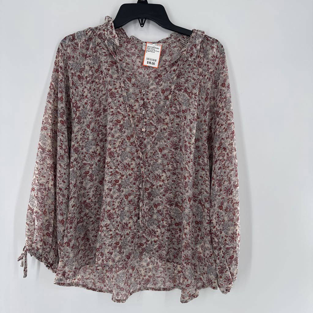 M flo print tie-front l/s top