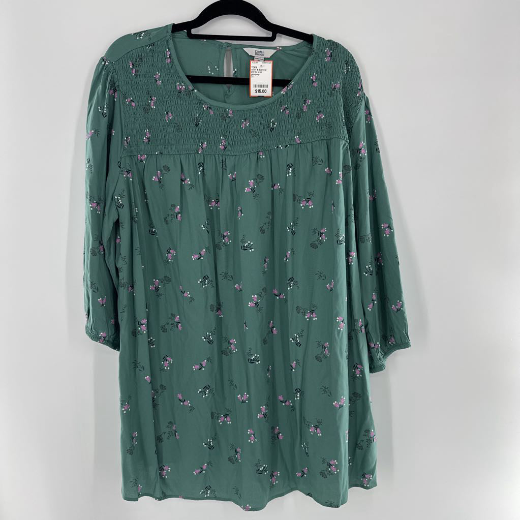 2X flo print smocked 3/4 slv top