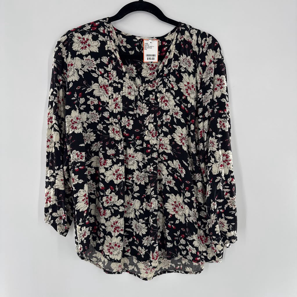 XXL flo print v-neck 3/4 slv top