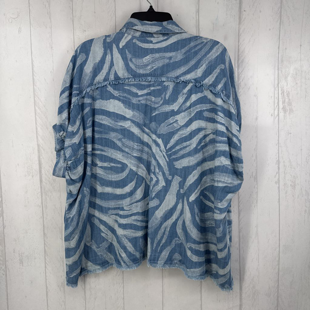 S denim zebra stripe button down s/s top