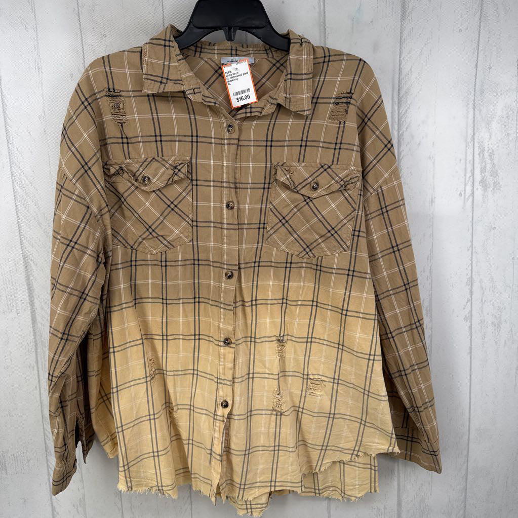 XL distressed plaid button down l/s top