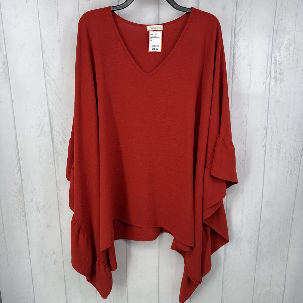 O/S v-neck ruffled hem poncho
