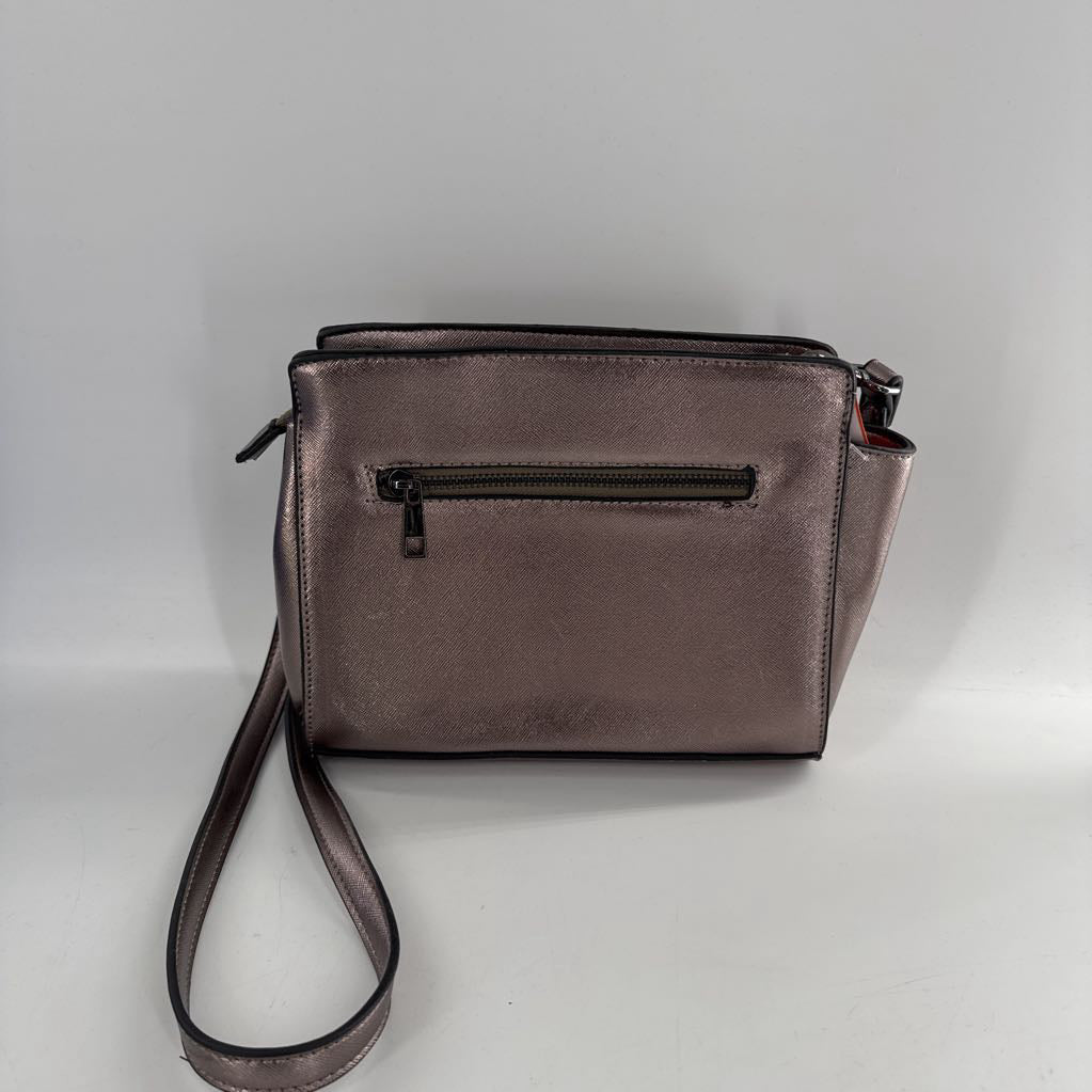 metallic top zip satchel