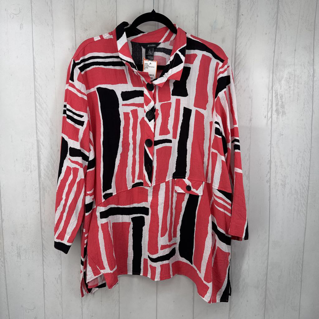2X printed button front wire collar l/s top