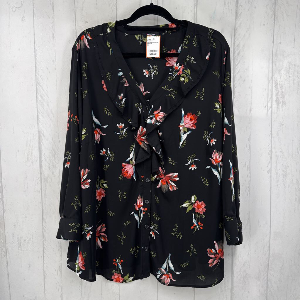 3X flo print ruffled button down l/s top