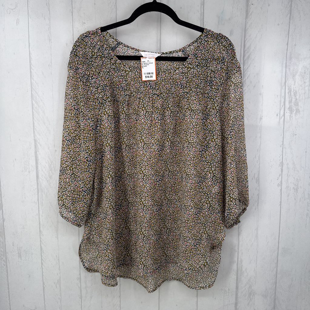 XL flo print smocked 3/4 slv top