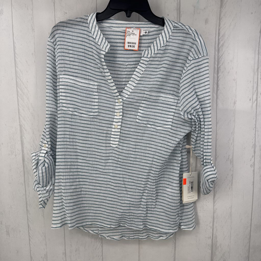 S striped quarter buton down tab slv top