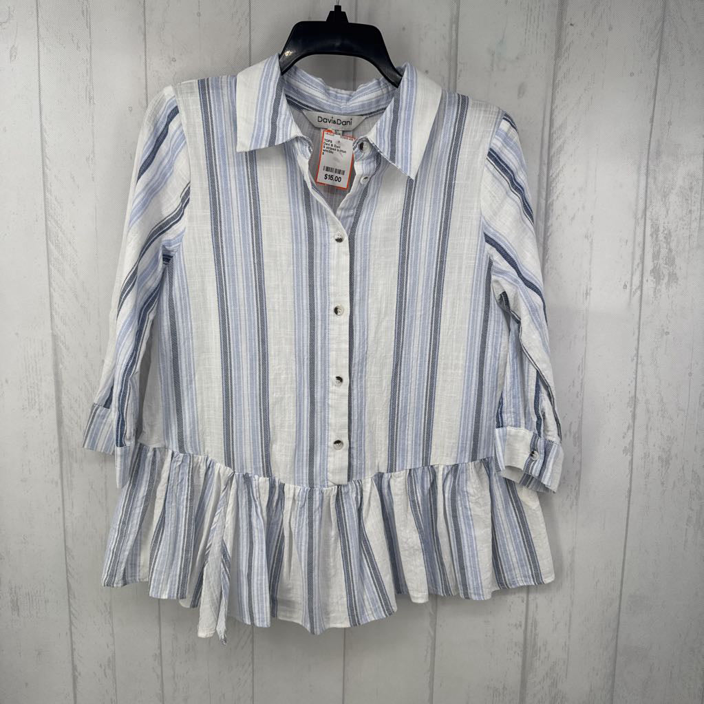 S striped button down 3/4 slv peplum top