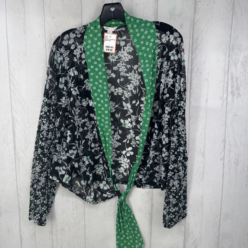 S mesh flo print tie front l/s top