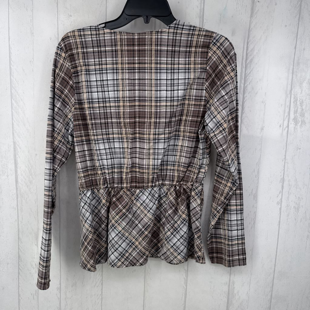 XS plaid crossover l/s peplum top