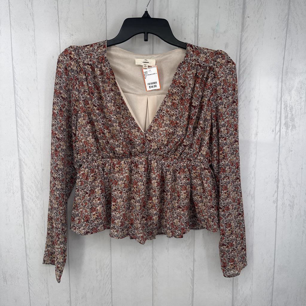 M l/s flower print v-neck top