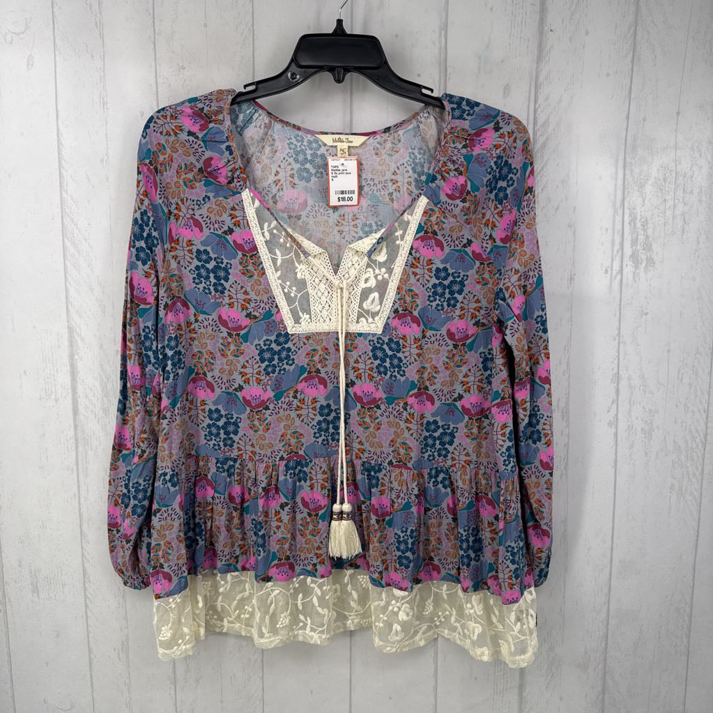 S flo print lace detail l/s top
