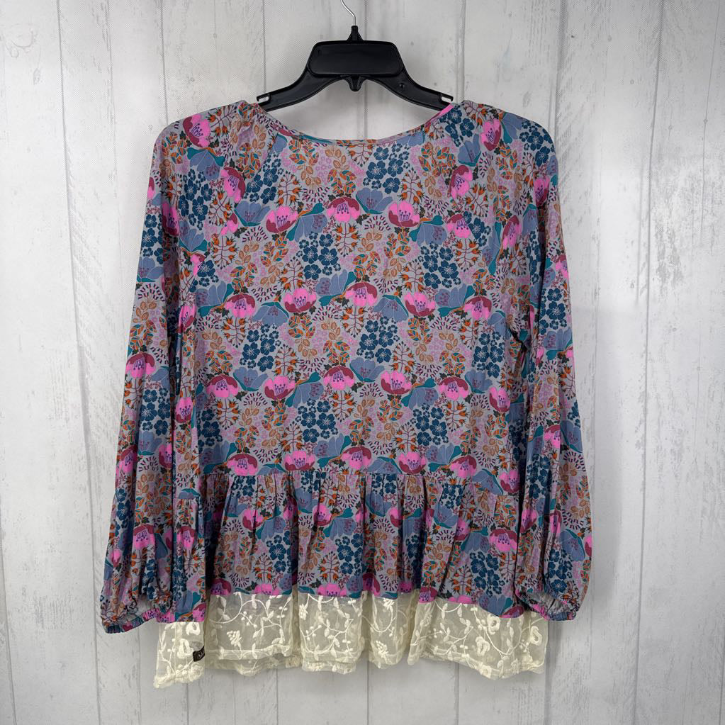 S flo print lace detail l/s top