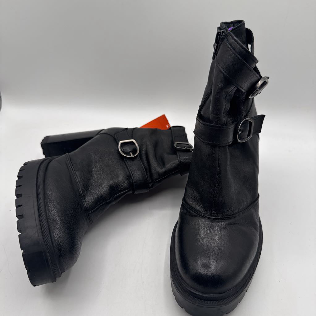 8 leather stacked heel boots