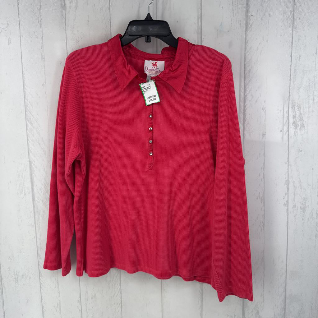 XL waffle knit rhinestone button l/s top