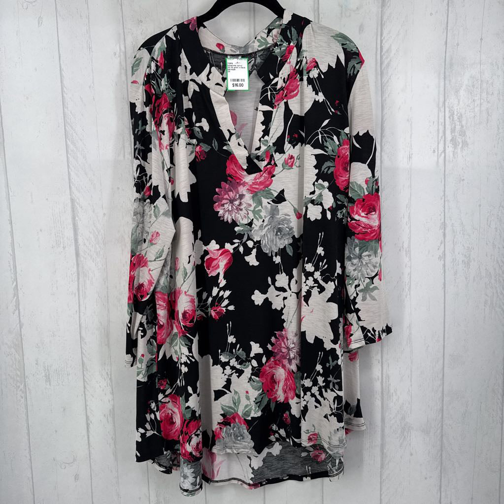3X flo print v-neck tab slv top