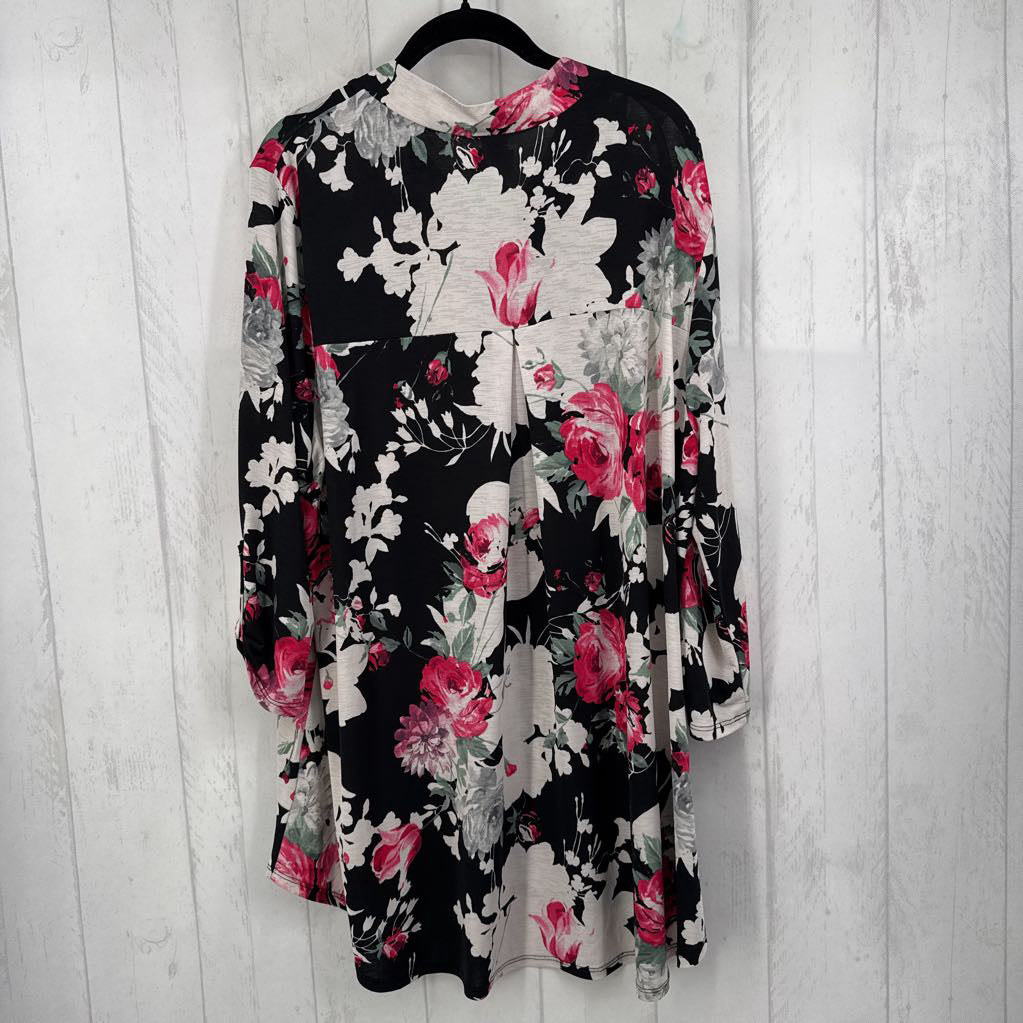 3X flo print v-neck tab slv top