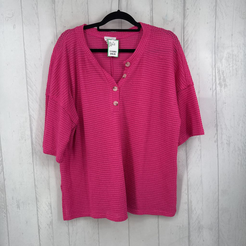 2X waffle knit button front s/s top