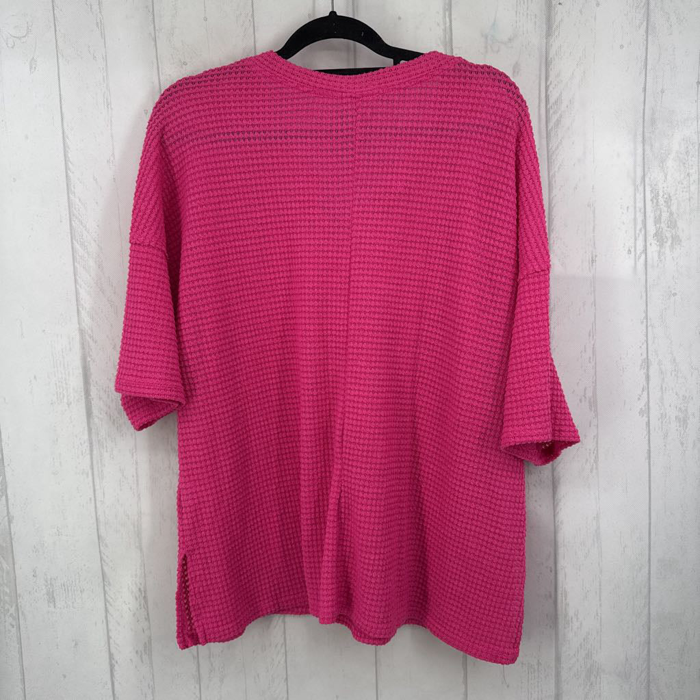 2X waffle knit button front s/s top