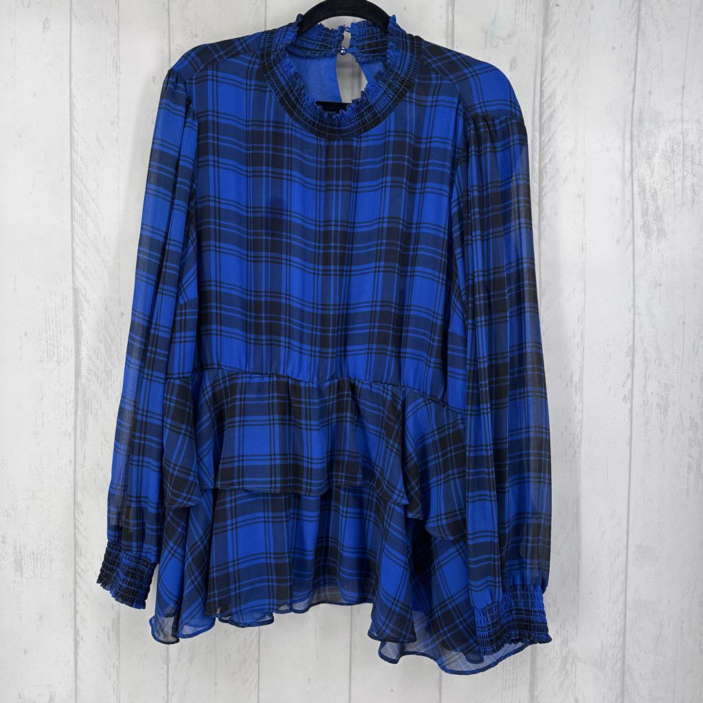 2X smocked neck plaid l/s peplum top
