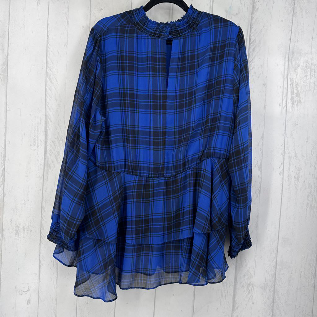 2X smocked neck plaid l/s peplum top