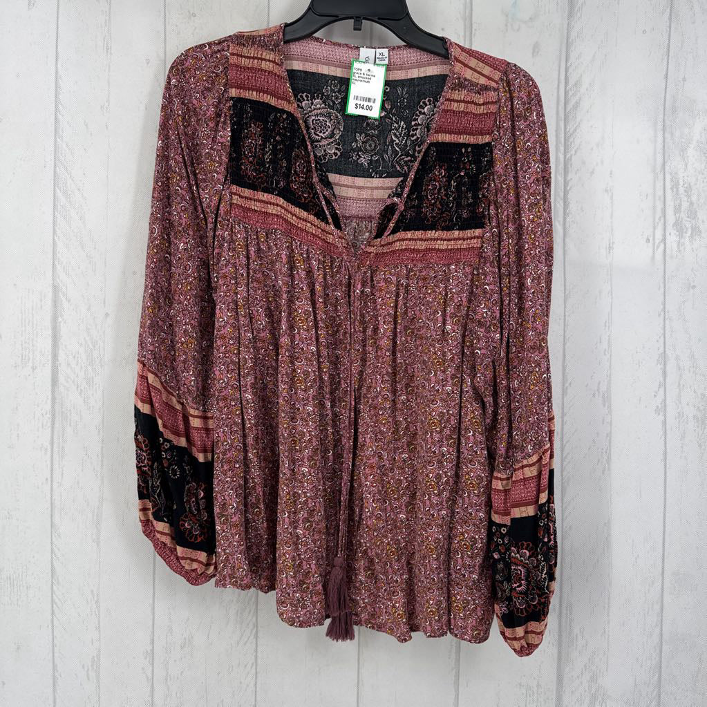 XL smocked orinted tie front l/s top