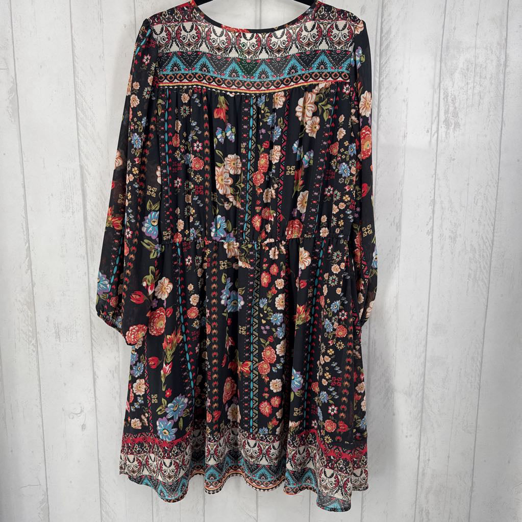 1X flo print button front l/s dress