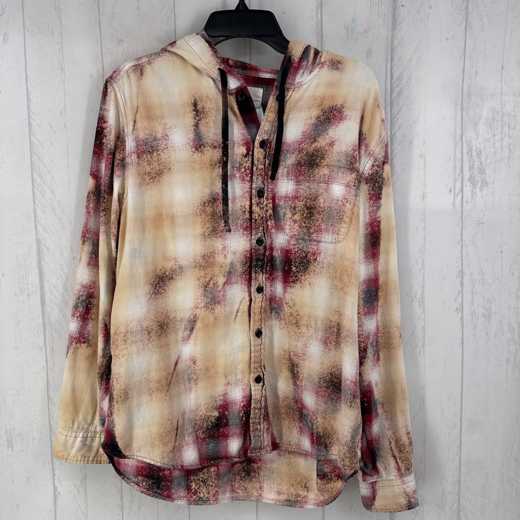 L vleched plaid button down l/s top w/hood