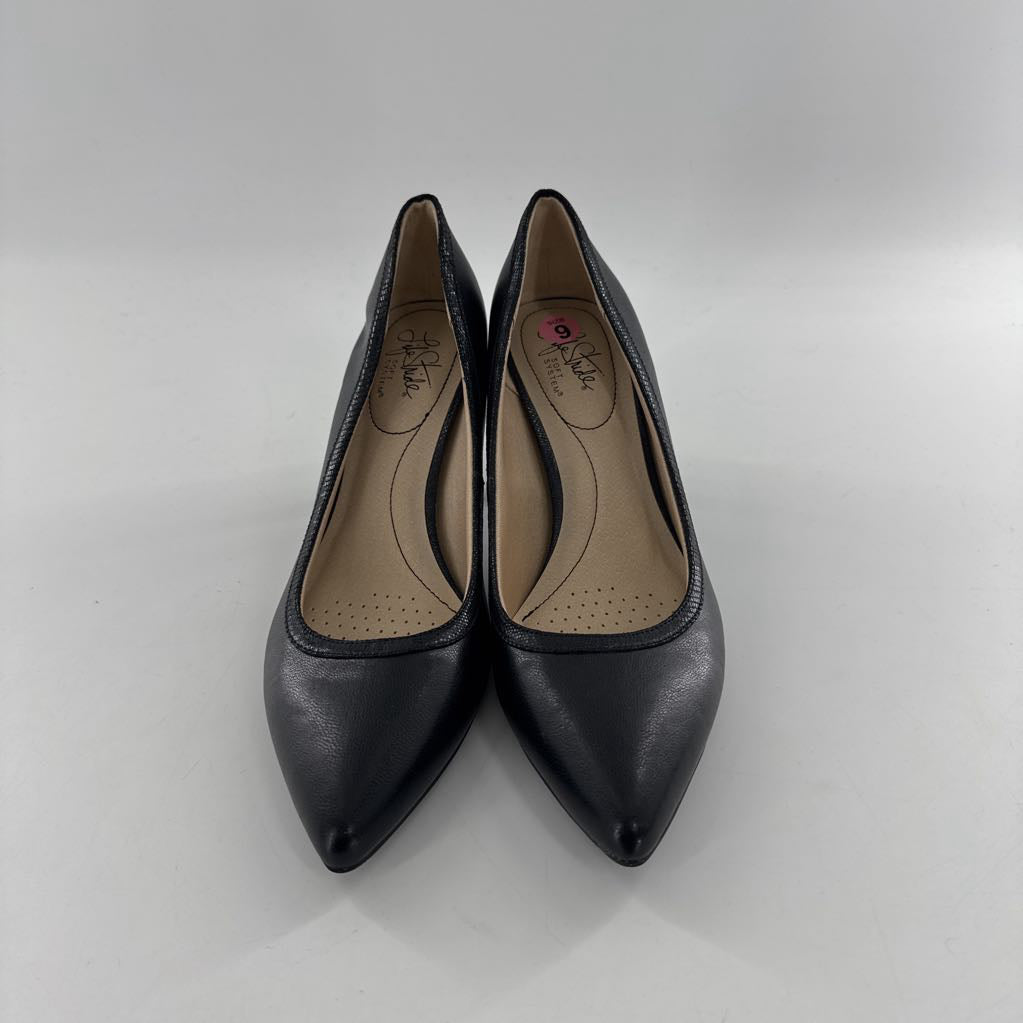 9 leather pointed toe heels