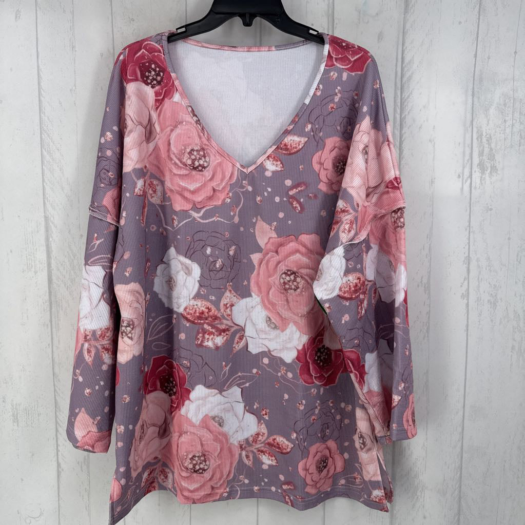XL flo print v-neck l/s top