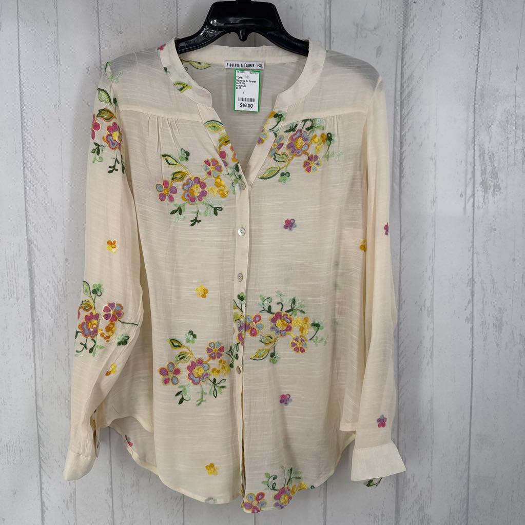 XL/P flo embroidered button down l/s top