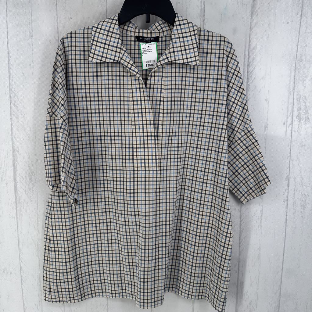 L plaid v-neck elbow slv top