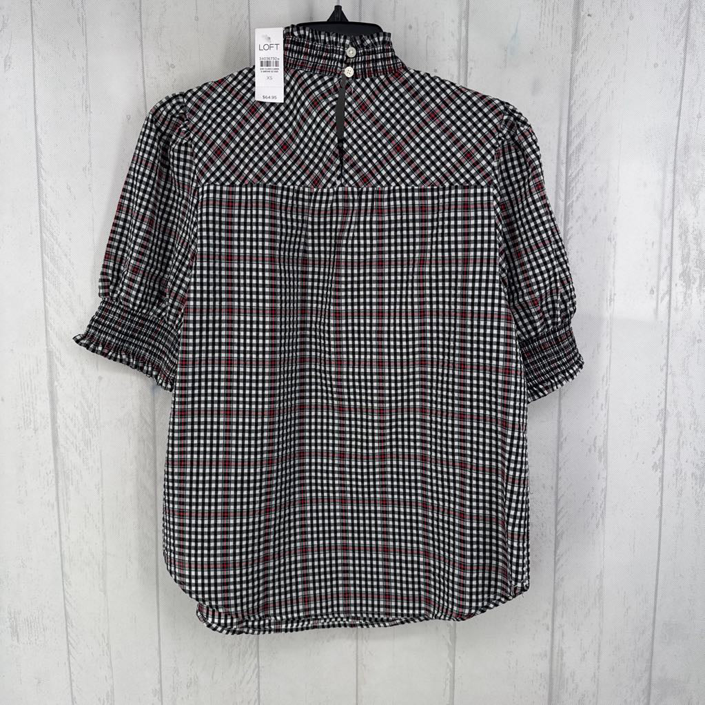 R65 XS smocked plaid s/s top