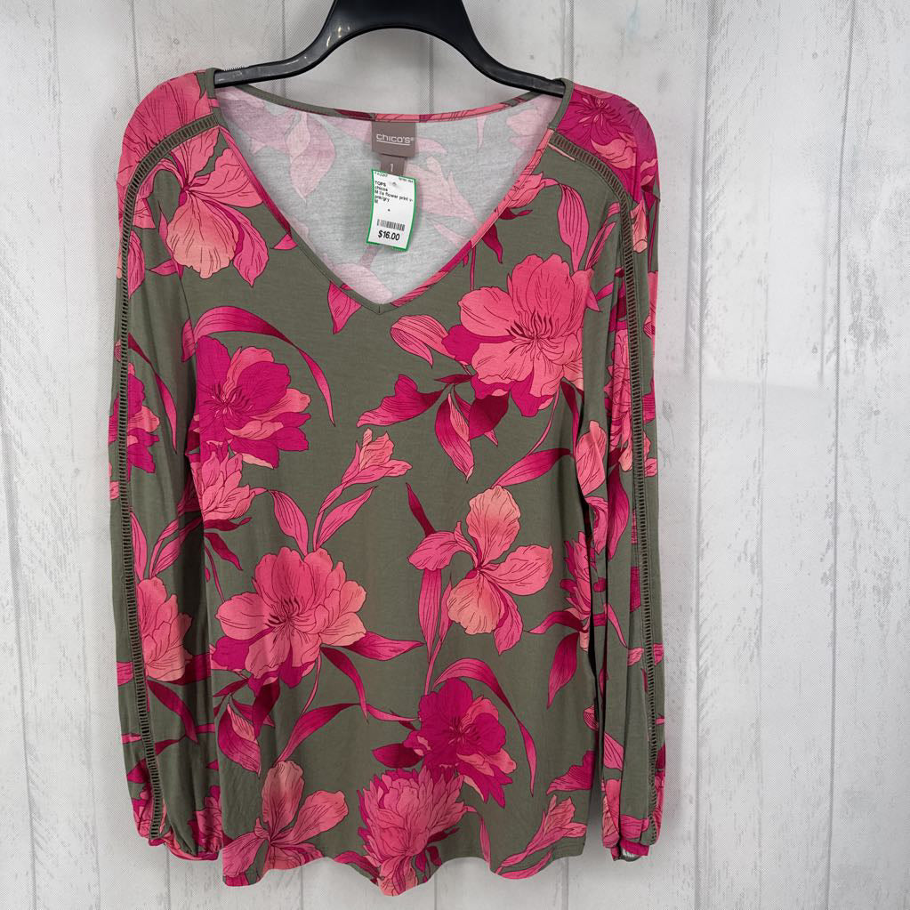 M l/s flower print v-neck top