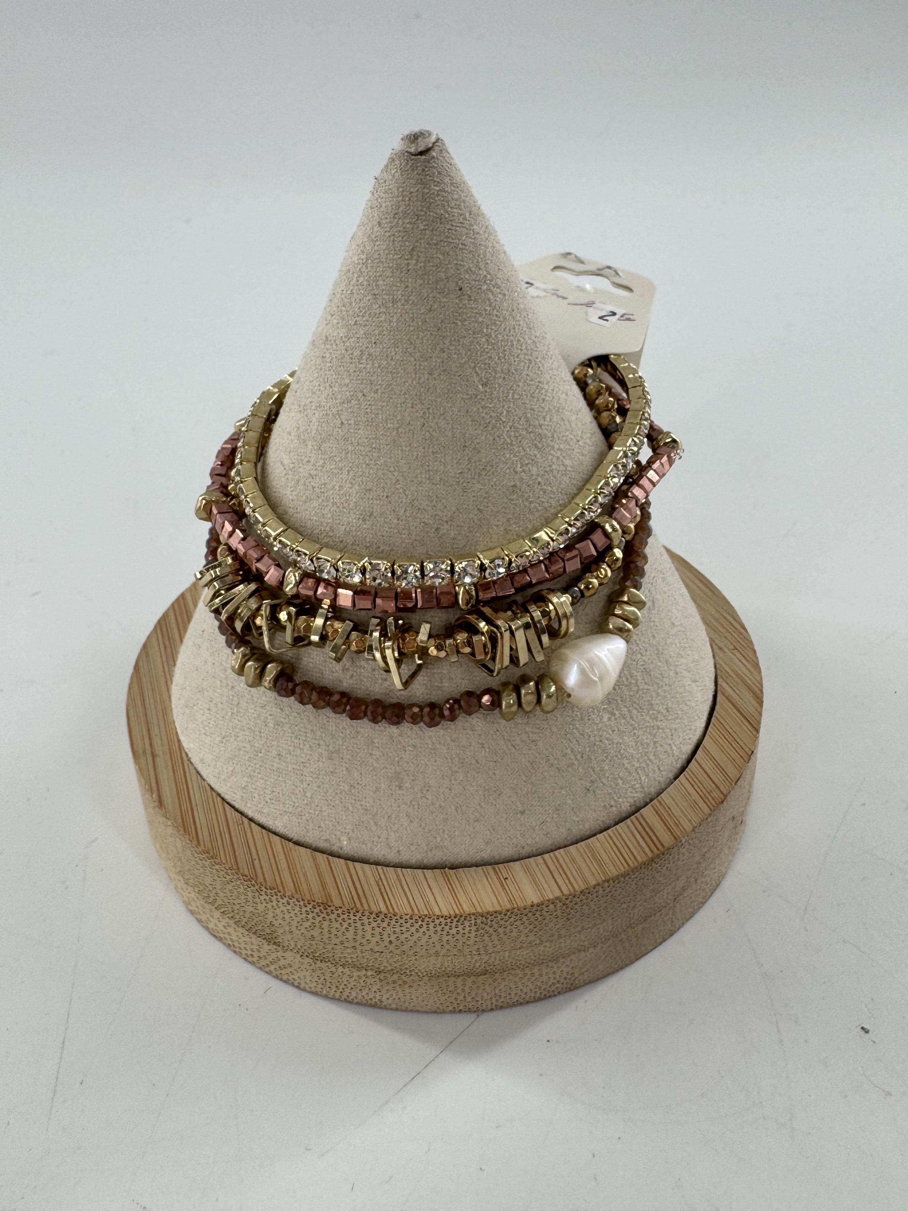 gold tone & copper colored beaded stretch bracelet set of 4