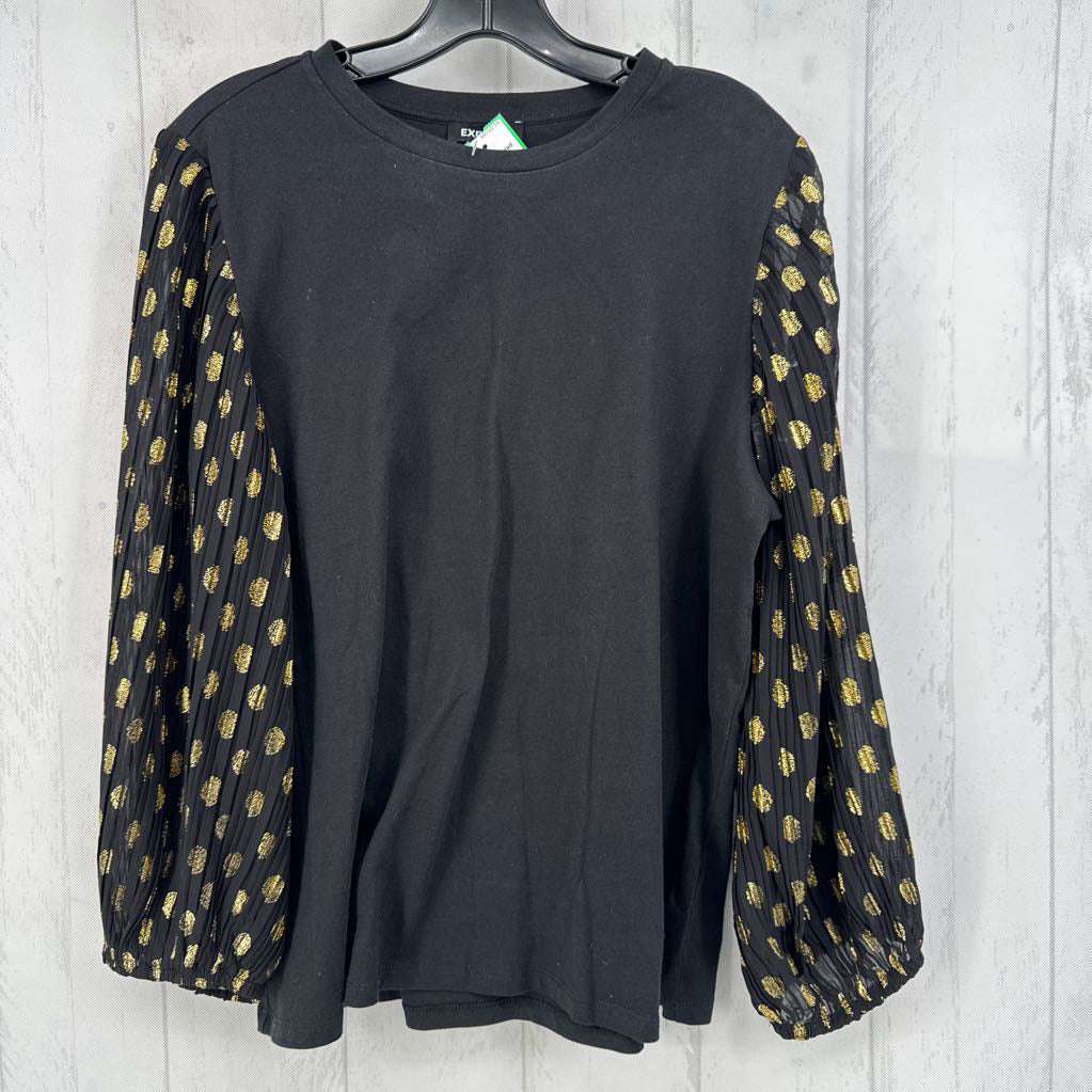 L dot print pleated slv knit top