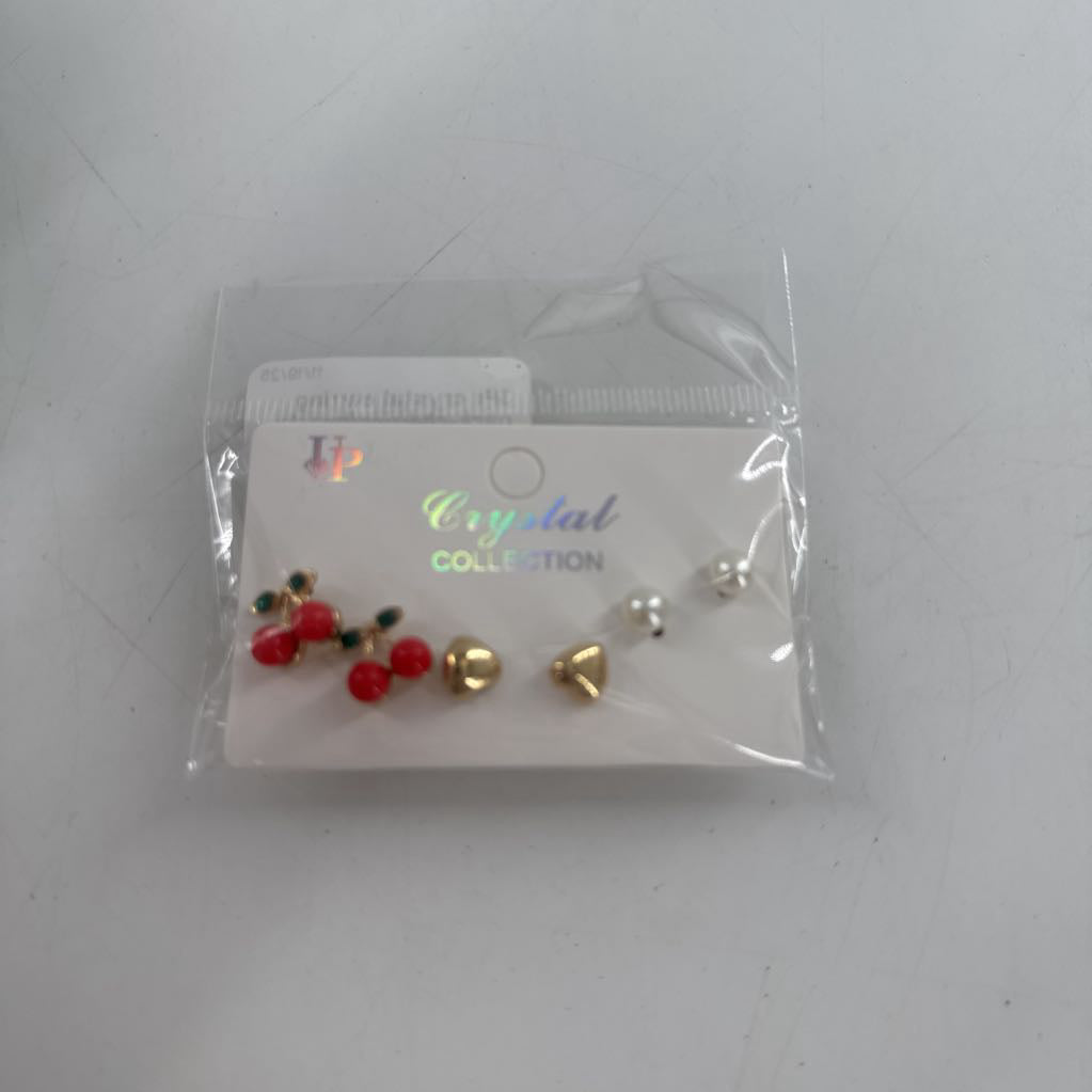 3Pr crystal earring pack-cherries/hearts