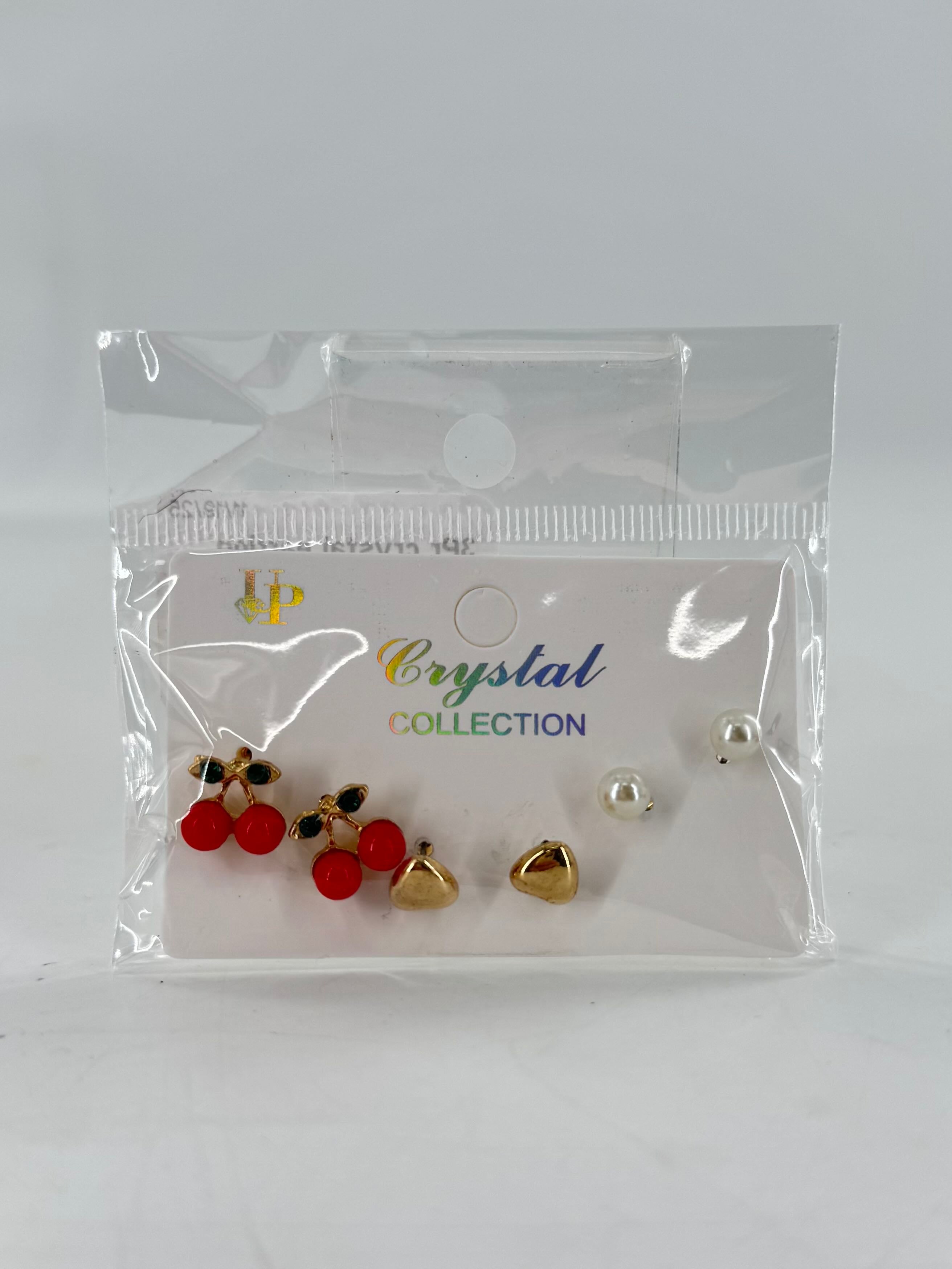 3Pr crystal earring pack-cherries/hearts