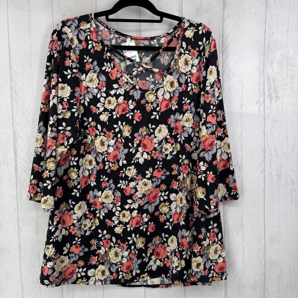 3XL criss-cross flo print 3/4 slv top