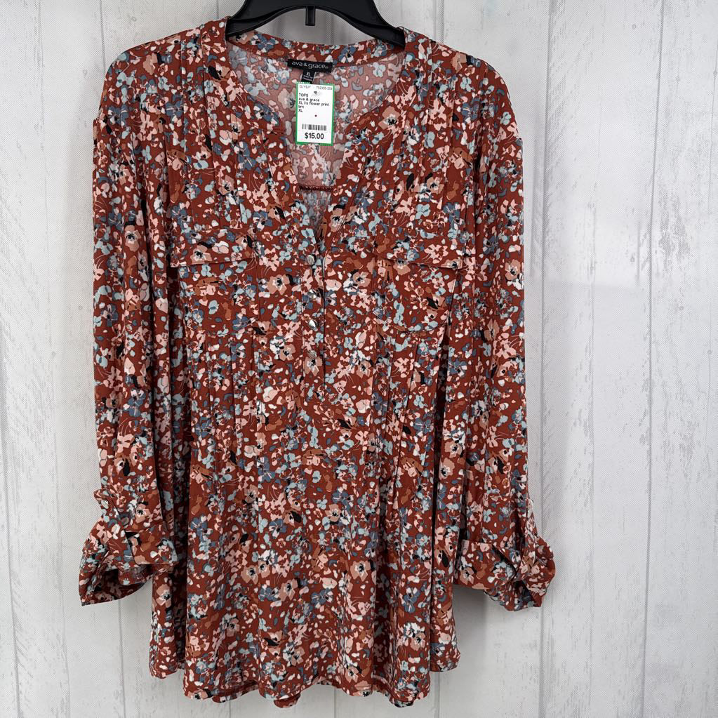 XL l/s flower print pleated half button top