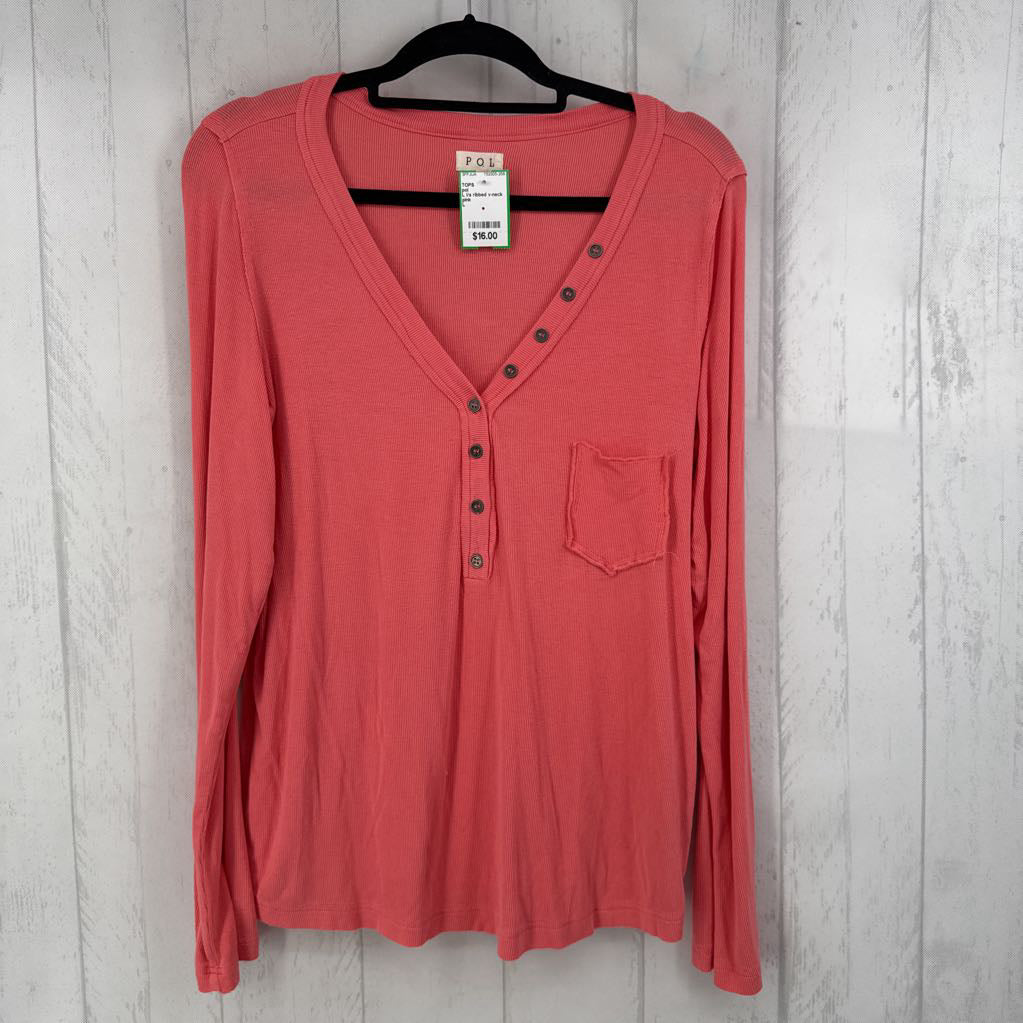 L l/s ribbed v-neck pocket top