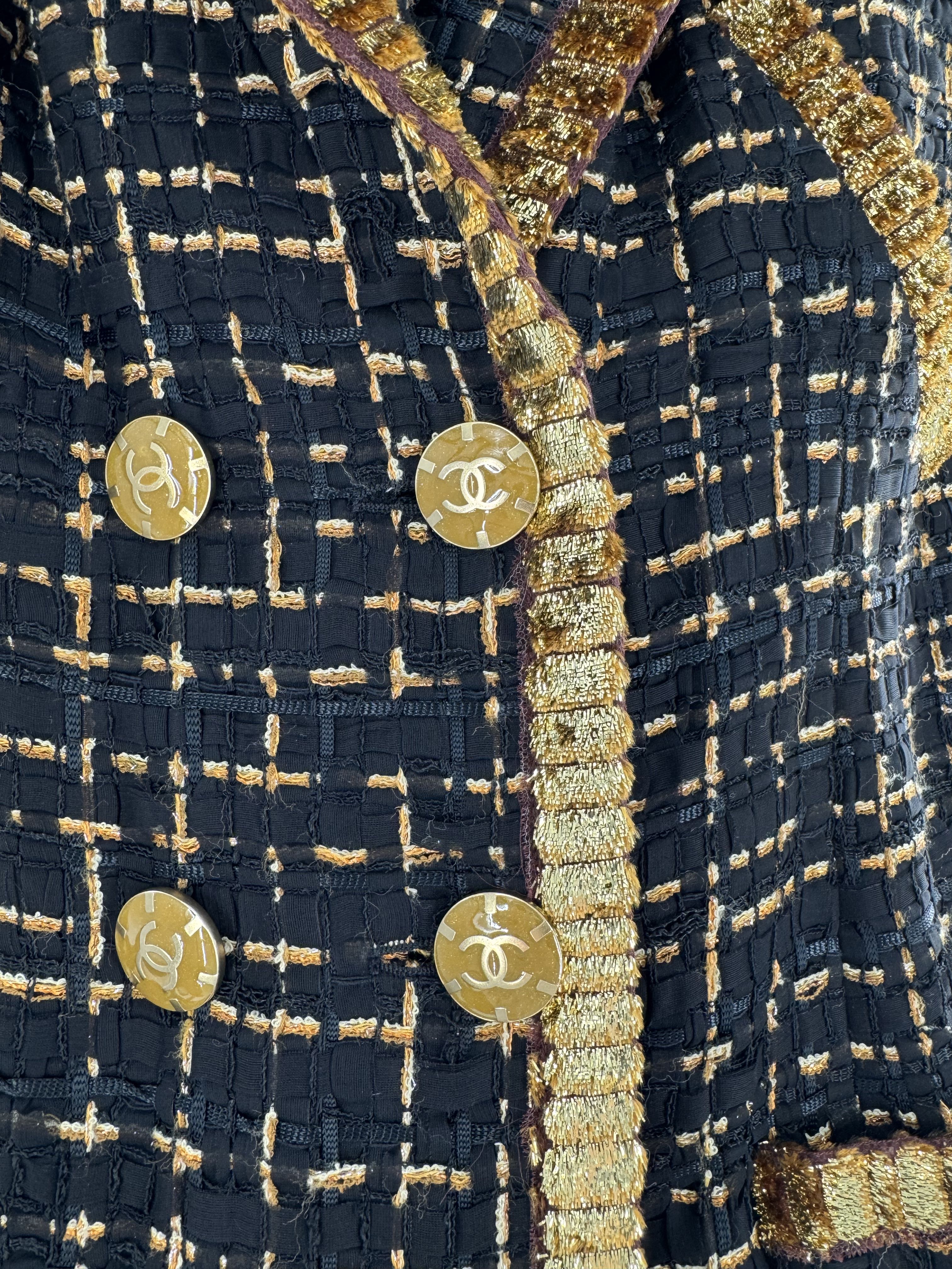 Chanel 2007 Resort Tweed Double-Breasted Blazer w/ Gold Trim size 46
