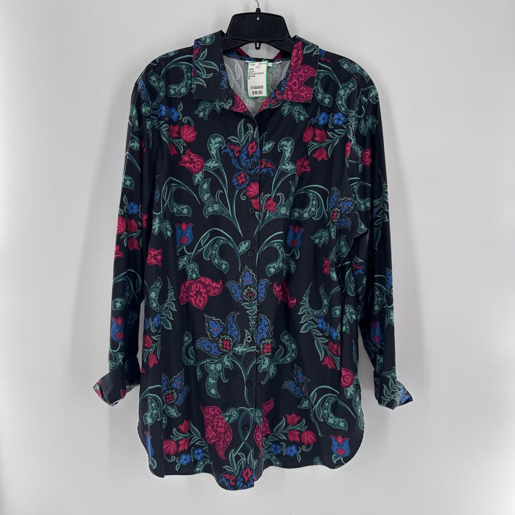 18 flo print button down 3/4 slv top