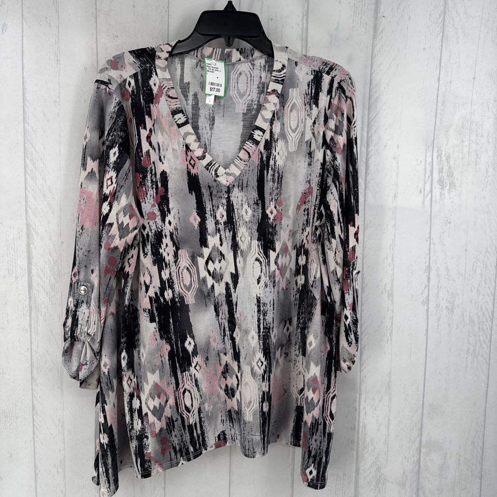 L 3/4 slv print v-neck top