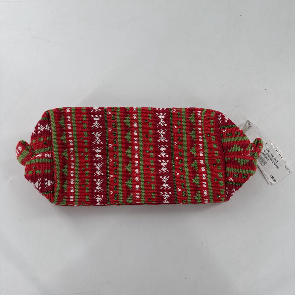 fair isle knit cosmetic pouch-red/grn
