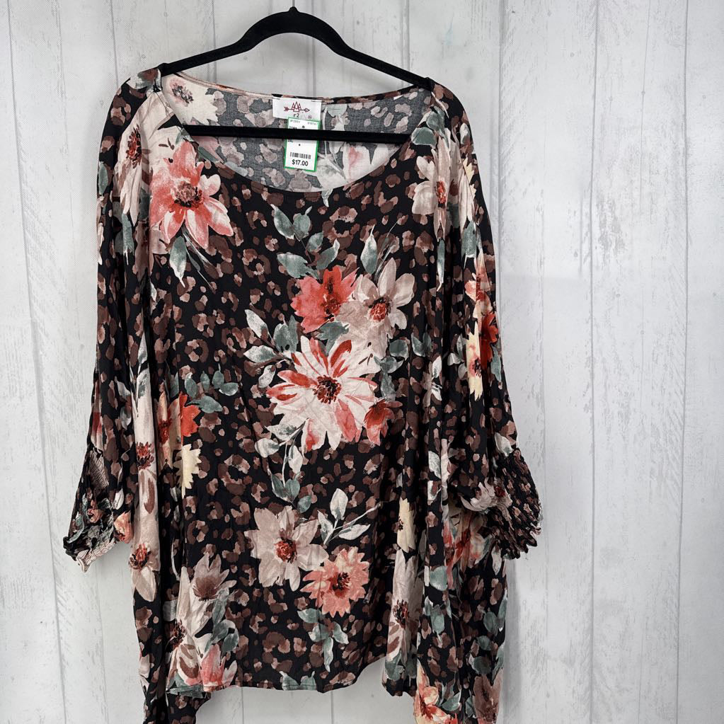 2XL flo print drop shoulder elbow slv top