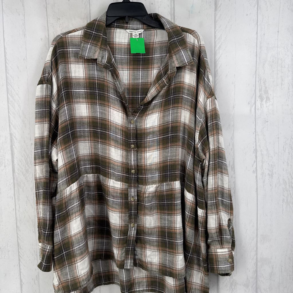 L plaid button down l/s peplum top