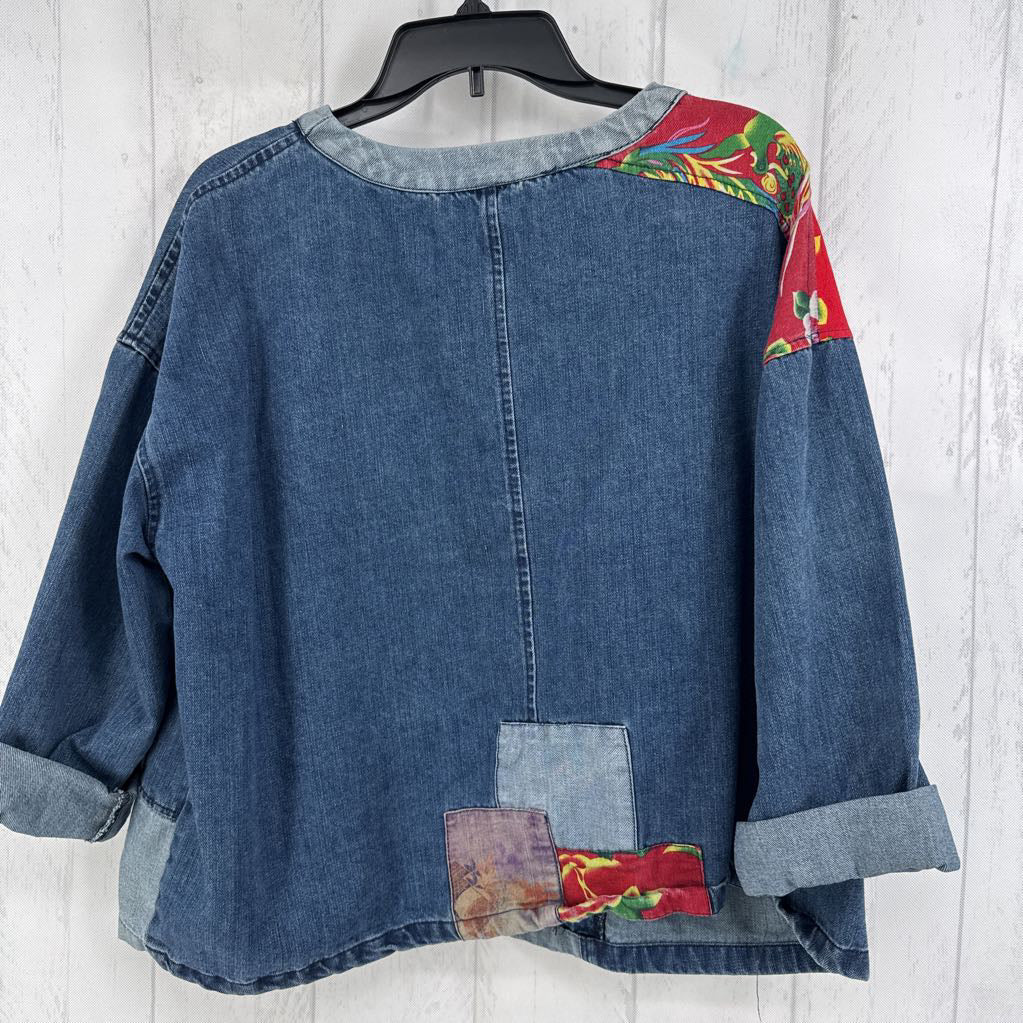 L/XL cuff slv mixed media denim top