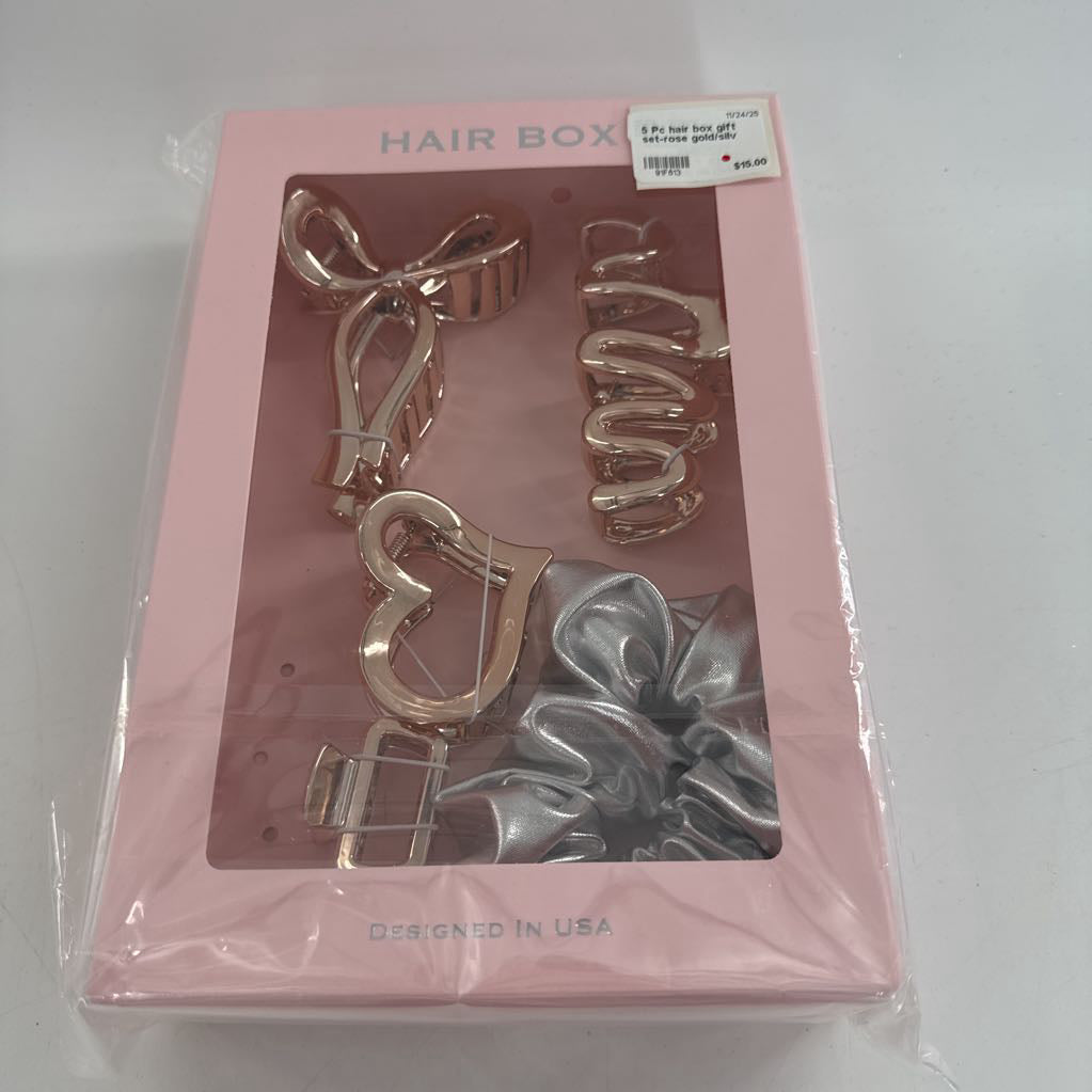 5 Pc hair box gift set-rose gold/silv