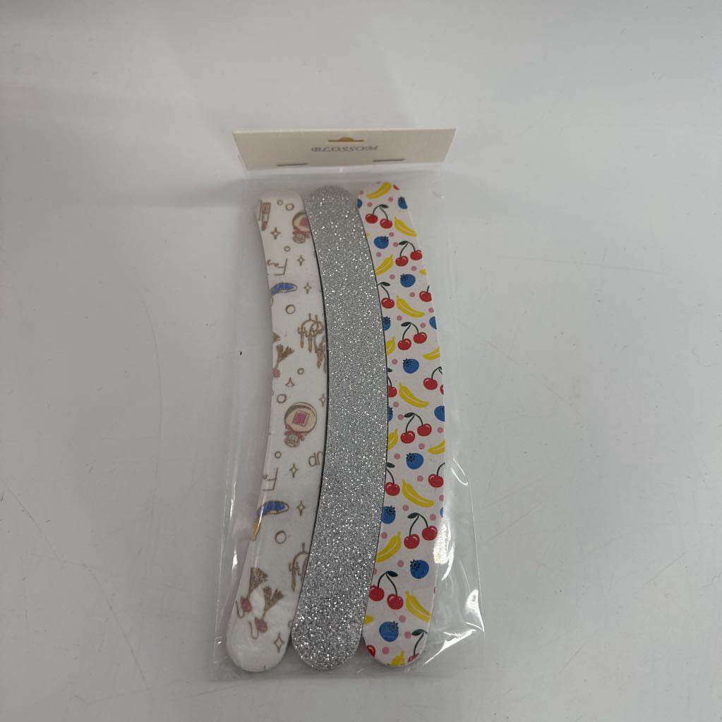 3 pack curved nail files-silver glitter